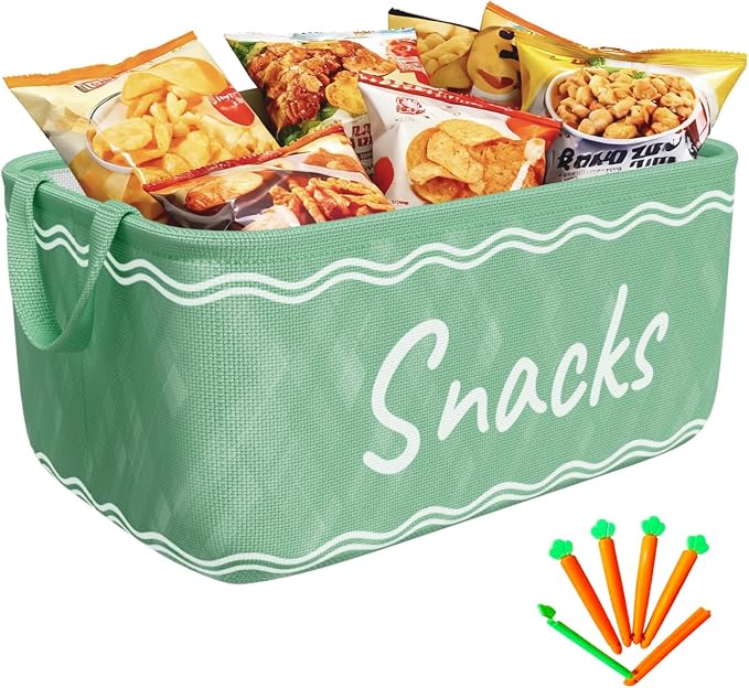 Snack Basket for Pantry & 5 Seal Clips - Snack Bin Organizer for Countertop - Imitation Linen Snack Storage Containers for Storing Chips, Pretzels, Cookies, Popcorn and more (1, Green)