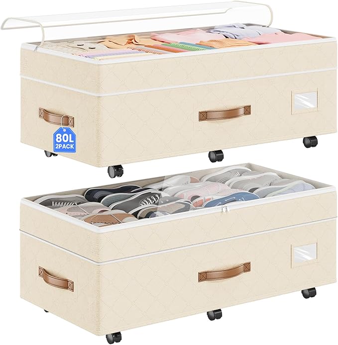 Budding Joy Under Bed Storage with Wheels 2Pack, 80L- Height Adjustable Underbed Containers with Clear Lids, Rolling Under Bed Shoe Storage Organizer for Dorm Home Clothes, Blankets, Toys, Beige
