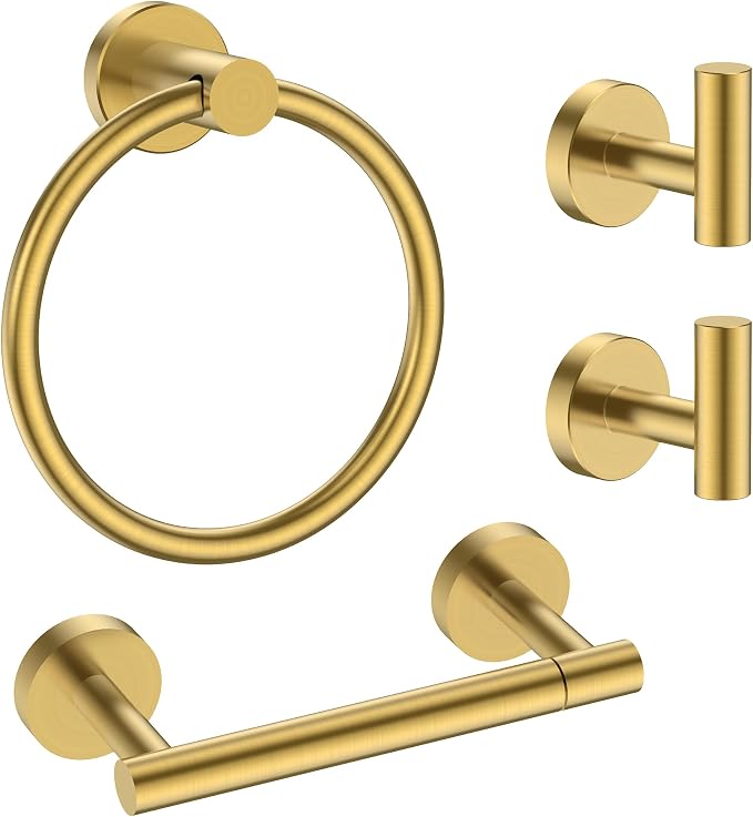 FORIOUS 4 Piece Bathroom Accessories, SUS304 Stainless Steel Toilet Paper Holder, Towel Ring and 2 Towel Hooks, Wall Mounted Bathroom Hardware Set (Dark Gold,Double Post Pivoting)