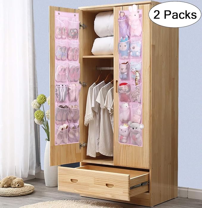 MISSLO Over The Door Shoe Organizer 12 Large Mesh Pockets Hanging Narrow Closet Door, Baby Hanging Shoe Rack Kids Closet Storage bags for Girl Women Men Toddler Nursery, Pink, 2 Pack