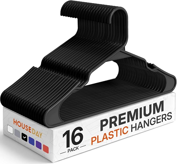 HOUSE DAY Plastic Hangers 16 Pack - Adult Clothes Hangers Black - Space Saving, Non-Slip, Durable & Sturdy Hanger with Shoulder Grooves for Closet, Perfect Slim Coat Hanger - Ganchos para Colgar Ropa