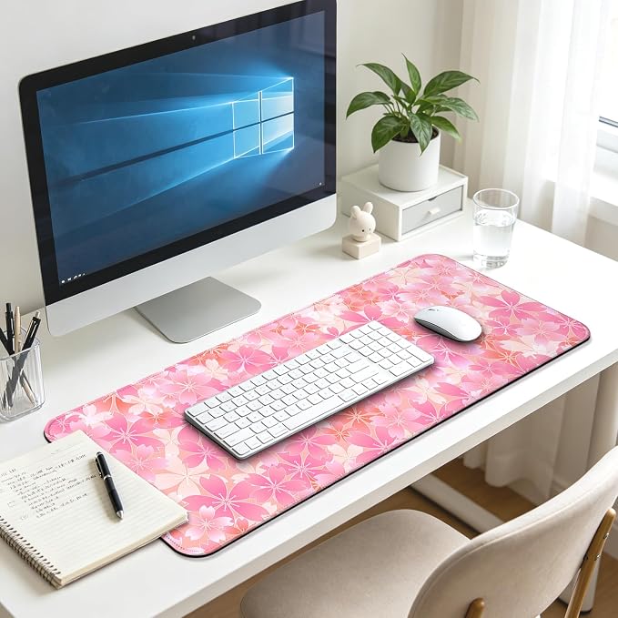 Japanese Cherry Blossom Gaming Desk Mat, Computer Keyboard Large Extended Flowers Mouse Pad for Office and Home, 31.5×11.8 Inches, XL, Pink