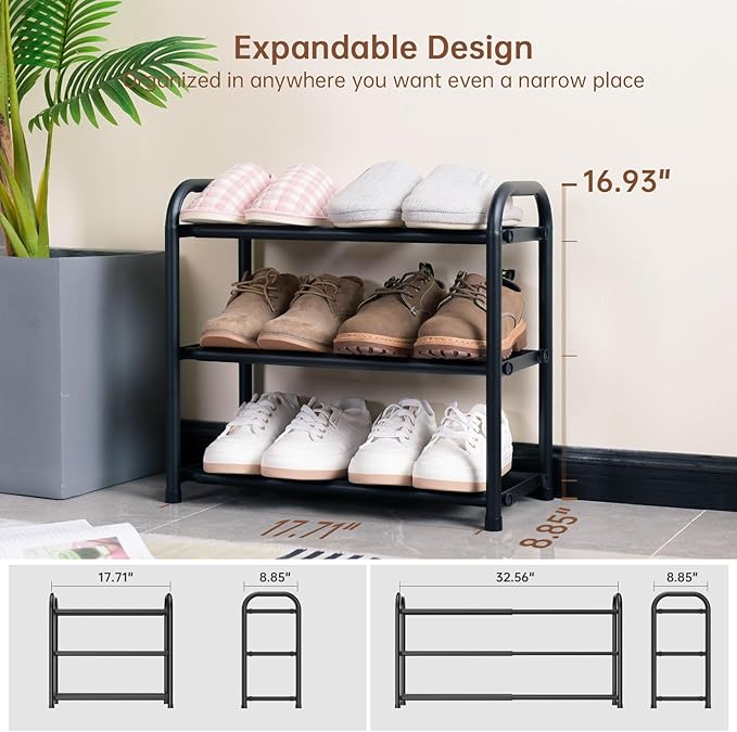 Gonfoam Shoe Rack for Closet, Expandable Shoe Organizer Storage Shelf, Adjustable Metal Free Standing Small Closet Shoe Rack for Entryway, Doorway (3-Tier Black)