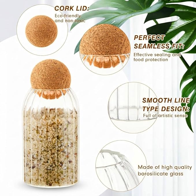 Suclain 5 Pack Glass Jar Set Food Tank with Spherical Cork Cute Ball 4 Sizes Candy Jars Clear Coffee Canister Airtight for Kitchen Bottle Holder Serving Spice Sugar Tea(Vertical Pattern Style)