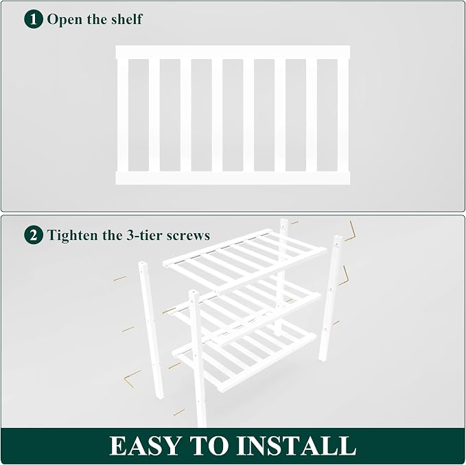 Smiry Bamboo Shoe Rack for Closet, 3 Tier Small Wooden Shoe Organizer, Stackable Wood Shoe Storage Shelf for Entryway, 14 Vertical Slats, One-piece Heavy-Duty Legs, 17.32"x11.02"x18.31", White