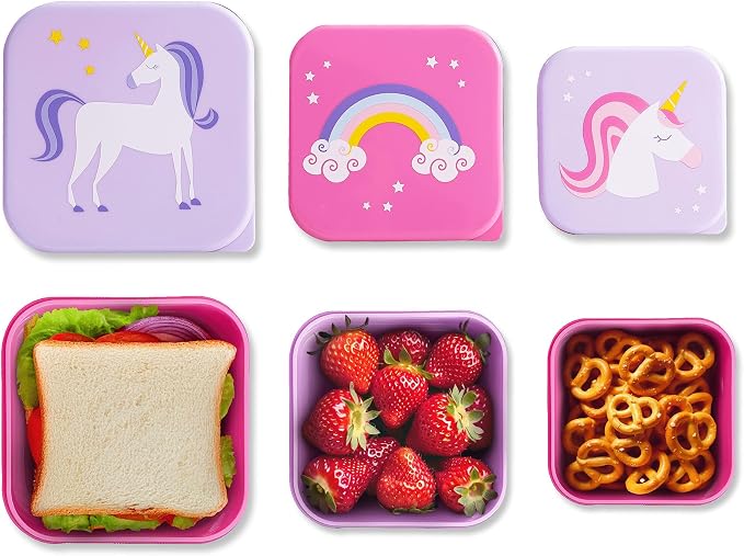 Wildkin Set of 3 Kids Nesting Food Containers for Girls – Stackable, Airtight & BPA-Free Snack Containers, Dishwasher Safe Lunch Box Containers for School & Travel, Ages 3–12 – Unicorn
