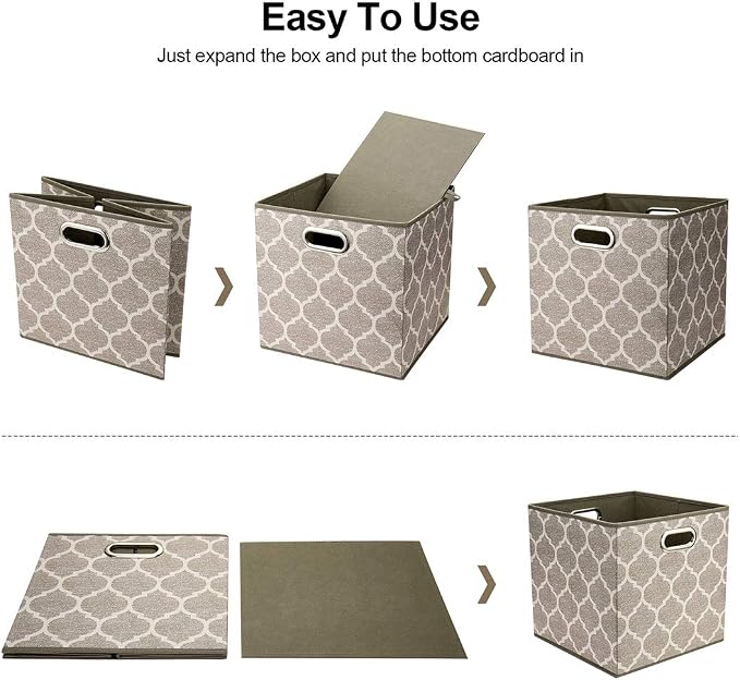 Cloth Storage Bins Set of 4 Thick Fabric Drawers Foldable Cubes Basket Organizer Container with Dual Metal Handles for Shelf Cabinet Bookcase Boxes Grey-Brown 13x13x13 inch