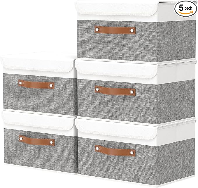 OUTBROS Storage Basket with Lid 13 x 9.1 x 7.9 inch, White/Grey, 5-Pack | Linen Fabric Containers, Wardrobe Organiser For Towels, Clothes