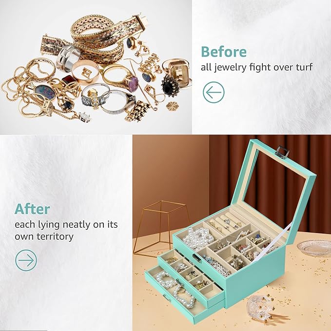 BOOVO Clear Lid Jewelry Box,3 Layers Jewelry Organizer Large Jewelry Storage Box with 2 Drawers,Jewelry Holder Organzier of Rings Earrings Necklace Bracelets for Women (Turquoise, 3 Layer)