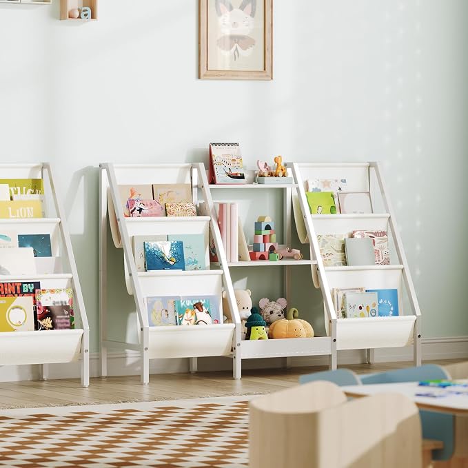 MAHANCRIS Kids Bookshelf and Toy Organizer, 3-Tier Bookshelf for Kids, Sturdy Kid Bookcase with Storage, Toddler Book Shelf for Kids Room, Playroom, Bedroom, Nursery, White BKWT34201