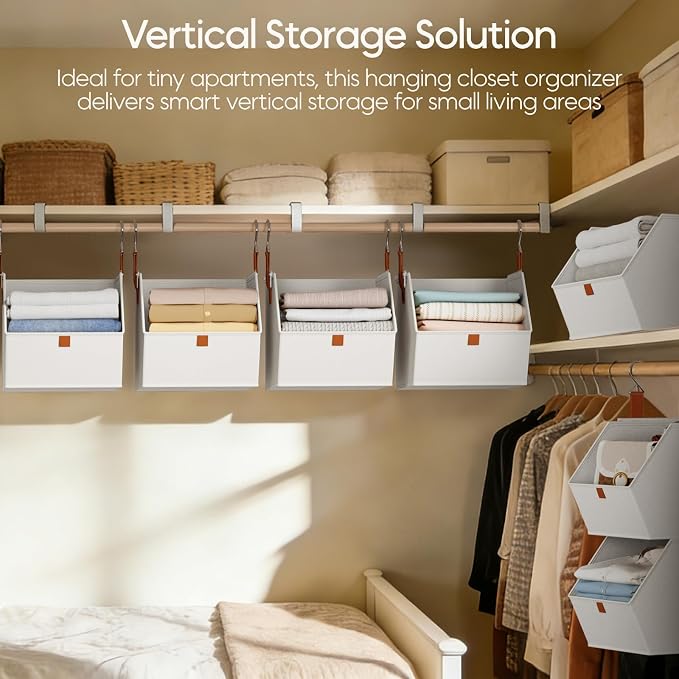 Homsorout Collapsible Hanging Closet Organizer - 6 Tier Closet Shelves Storage System with Hooks, Fabric Hanging Storage Bins for Clothes, Foldable Storage Basket for Laundry, Bedroom, Rv, White