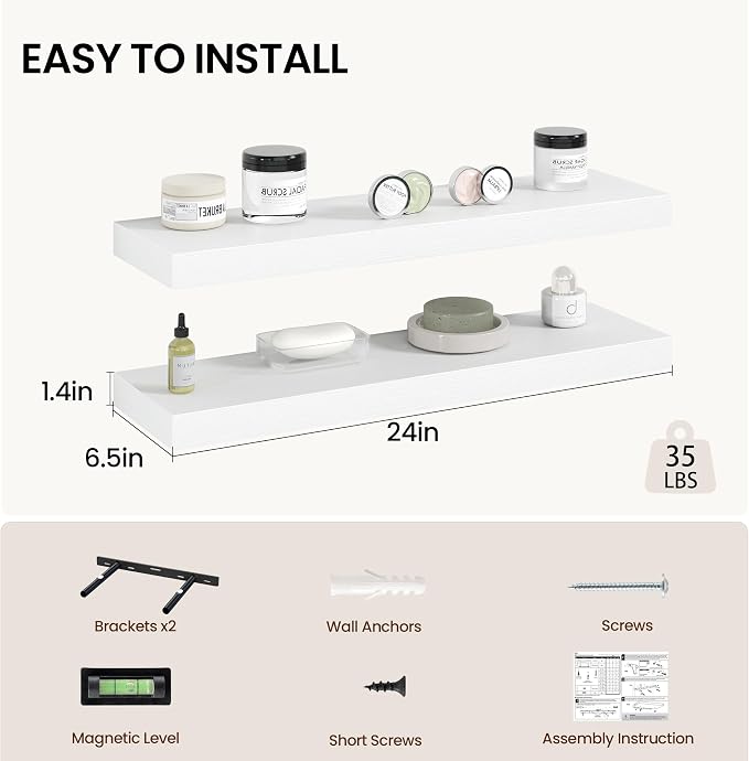 Vivelove 24 Inch Floating Shelves Wall Mounted for Display, 6.5 Deep Duty Shelves with Invisible Brackets for Living Room,Bedroom,Kitchen, Bathroom Storage & Decor,24" Wx6.5 Dx1.4 H - White