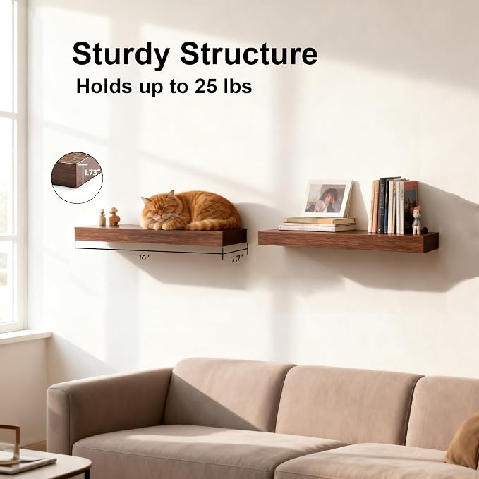 Floating Shelves for Wall,Wall Shelves for Decor Storage,Display Shelving 16 inch Set of 2,Wall Mounted Wood Shelf for Bedroom,Living Room,Bathroom,Kitchen,Brown(2pcs,Brown)