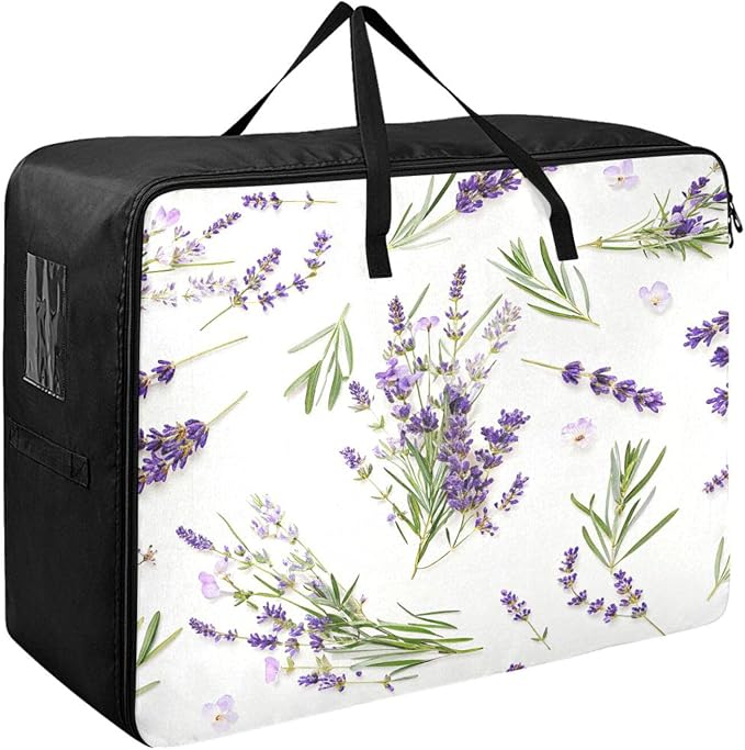 Blueangle Lavender Flowers Clothes Storage Bag Organizer 100L Large Capacity Clothing Storage Containers for Comforters, Blankets, Foldable with Dual Zipper