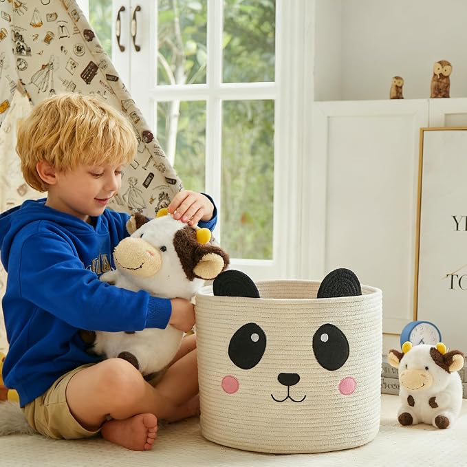 VK VK·LIVING Panda Storage Basket for Gift Foldable Cute Nursery Animal Toy Basket with Handles, Large Cotton Rope Baby Laundry Storage Organizer for Blankets Towels in Living Room Bedroom 15"D x 14"H