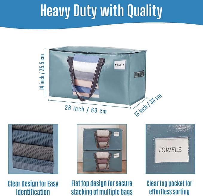 VENO 8 Pack Heavy Duty Moving Bags, Clothes and Comforter Storage Bags with Clear Window, College Dorm Essentials Packing Supplies, Foldable Boxes Alternative (Shiny Light Blue, 8 Pack)