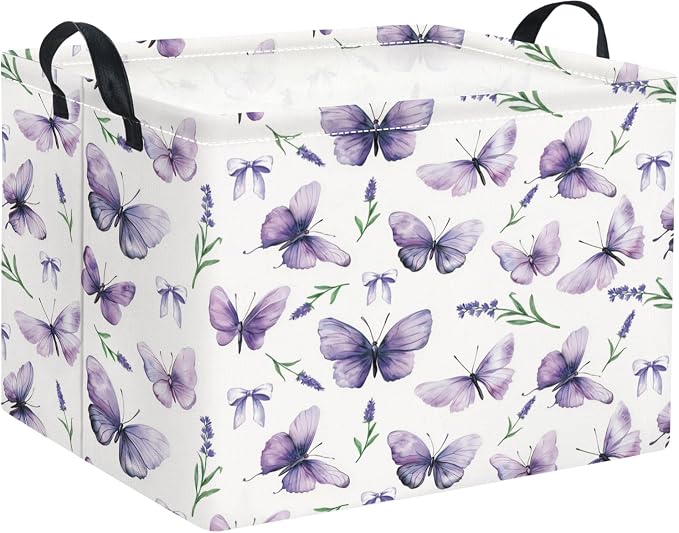 Rectangular Baby Kids Storage Basket for Home Kitchen Girls Cute Toy Storage Bin Organizer Shelf Book Room Decor(Lavender Butterfly)