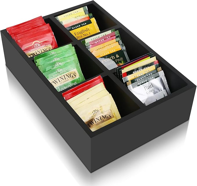 Tea Bag Box Black 6 Compartments Tea Organizer Storage Wood Drawer Station | Tea Bag Holder Large Sugar Packet Holder Coffee Bar Station Sweeteners Condiment Organizer Tea Bag Organizer Caddy