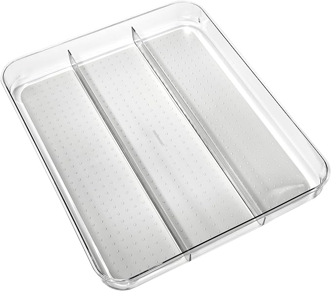 madesmart Premium 3 Compartment Clear Drawer Organizer, Multi-Purpose Storage with Soft Grip Lining & Non Slip Base, Grey