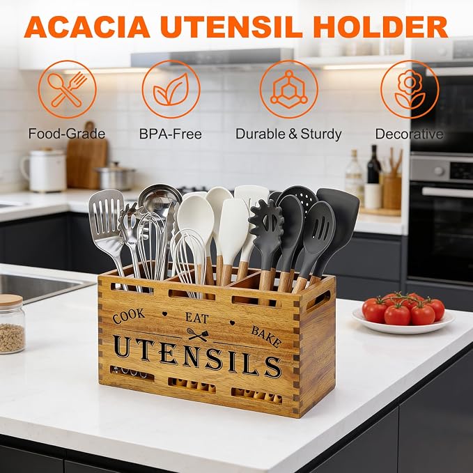 Large Acacia Wood Cooking Utensil Holder for Kitchen Spatula Spoon Holder | Wooden Utensil Organizer Countertop Kitchen Utensil Crock Tool Holder Rustic Silverware Caddy Country Kitchen Counter Decor