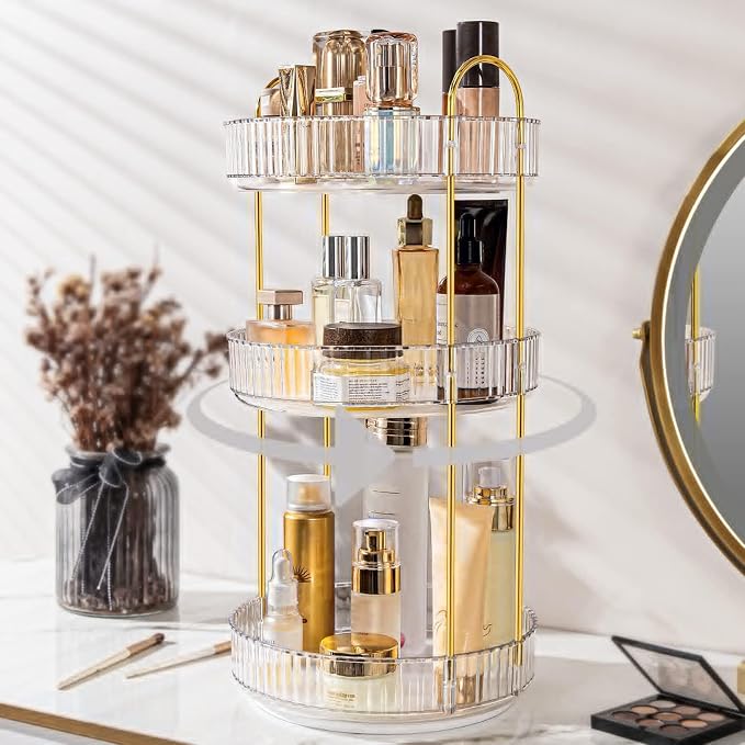 360 Rotating Makeup Organizer for Vanity, Bathroom Countertop Spinning Perfume Organizer, High-Capacity Cosmetic and Skincare Dresser Make Up Holder Rack (3 Tiers, White)