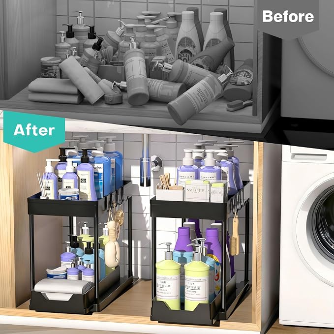 Under Sink Organizers 2 Pack, Pull-Out Sliding Cabinet Organizer with 2-Tier Storage Shelf & 4 Hooks, Multi-Purpose for Kitchen & Bathroom (13 Inch, Black)
