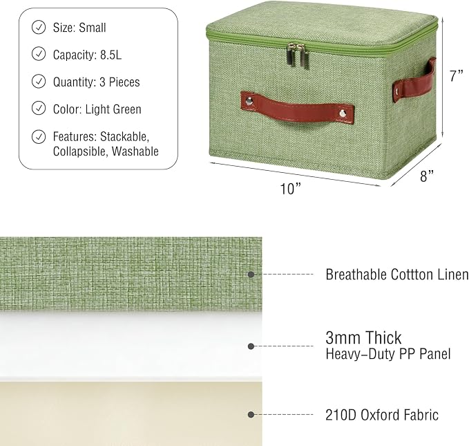 3PCS Storage Bins Boxes with Zippered Lids Cotton Linen Fabric Decorative Basket PU Leather Handles PP Plastic Board Foldable Lidded Shelf Closet Organizer Container (Light Green, Small)