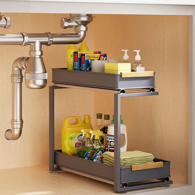 Pull Out Under Sink Organizer, 2 Tier Slide Out Drawer for Kitchen, Bathroom and Cabinet Storage, Steel, Gray
