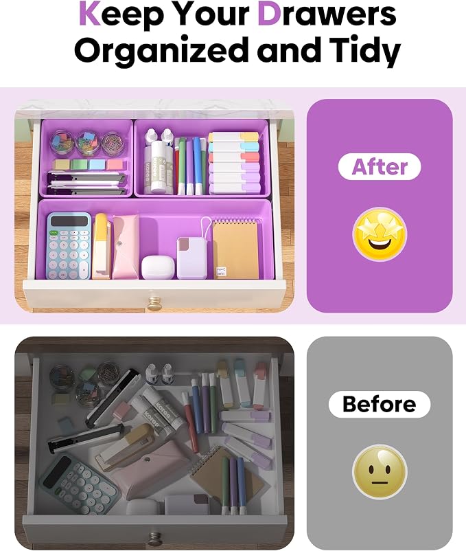 10 Pack Large Size Plastic Drawer Organizers Set, 3 Sizes Desk Drawer Organizer Trays, Storage Bins for Vanity, Makeup, Bathroom, Kitchen Utensils and Office (Purple)