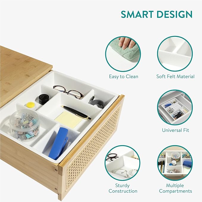 Navaris Felt Drawer Organizer - Compact Trays - Utensil Organizers for Silverware Stationary Makeup - Kitchen Cutlery Bathroom Desk Organization Tray - 15.9x12 (40.5x30.5cm) White