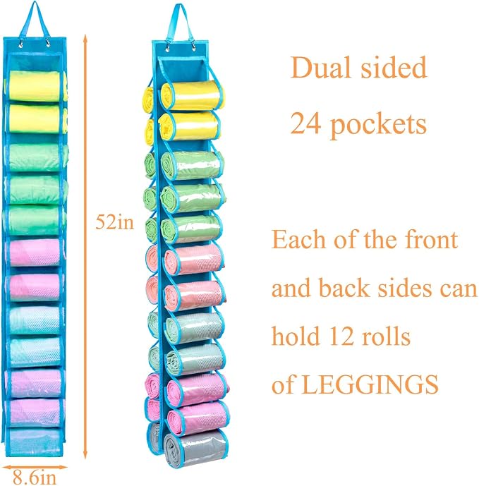 Legging Storage Bag Storage Hanger Can Holds 24 Leggings or Shirts Jeans Compartment Storage Hanger, Foldable Leggings Organizer Clothes Portable Closets Roll Holder (Blue)