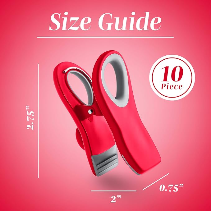COOK WITH COLOR Bag Clips with Magnet- Food, Chip, Bag Clips for Food Storage with Airtight Seal Grip for Bread, Snack and Food Bags (Red, Pack of 10)