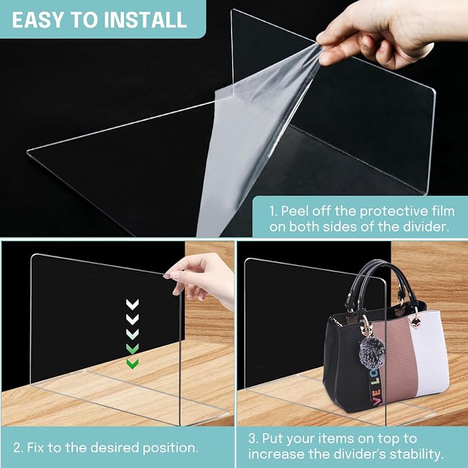 OKPOW Shelf Dividers for Closet Organization – Keep Sweaters & Purses Upright, Clear Acrylic Separators for Most Wood Shelves & Pantry, Damage-Free, Sturdy & Tall (10" x 12", 4 Pack)