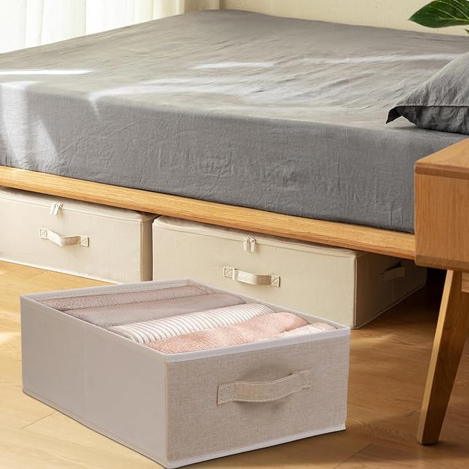 JAKAGO Fabric Storage Bins set of 4 Rectangle Storage Baskets with Handle Foldable Closet Organizer for Clothes Towel bedding Books Collapsible Clothing Container for Shelves Bedroom(Beige Low)