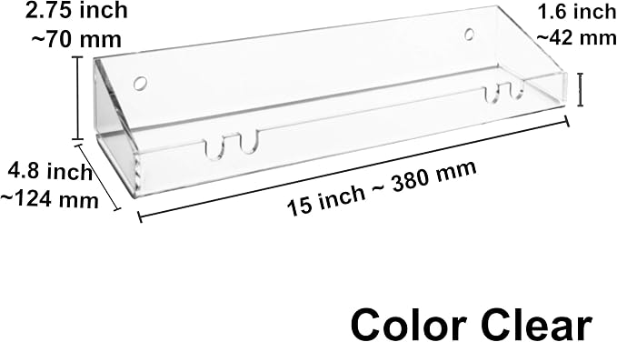 AMT 4 Pack Acrylic Floating Shelves, 15"L x 4.8"W, Clear Bathroom Wall Shelves, Bookshelves, Invisible Shelf For Office, Bedroom, Kitchen, Design with Hanging Slots for Sponge, Free Screws & Drill Bit