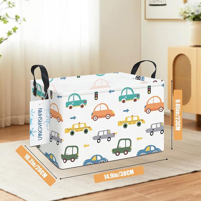 Rectangular Collapsible Color Cars Storage Basket Nursery Organizer | Storage Bin Foldable Canvas with Handles for Organizing Home Kitchen Children Toys Office Closet Shelf Baskets