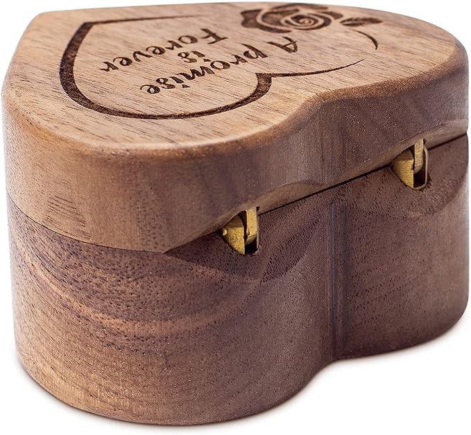 Engagement Proposal Ring Box Secret Slim Engraved Wooden Heart Case | Engrave"A Promise is Forever", Walnut Wood Ring Bearer Box Jewelry Storage Holder Display for Wedding Ceremony Commemoration