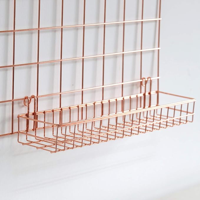 Rose Gold Grid Basket with Hooks,Bookshelf,Display Shelf for Wall Grid Panel,Wall Mount Organizer and Storage Shelf Rack for Home Supplies,1 Set of 3 (Rose Gold)