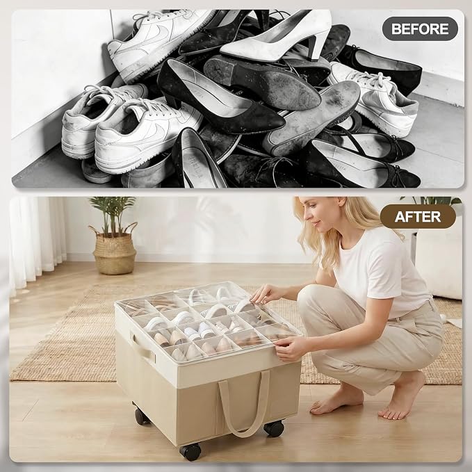 2 Pack Large Shoe Organizer for Closet, 32 Pairs Shoe Storage Box with 360° Wheels & Reinforced Handles, Adjustable Dividers, Clear Cover, Side Pocket, Foldable Oxford Fabric Bin for Entryway, Beige
