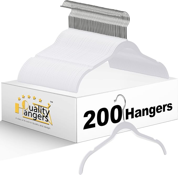 Quality Hangers Clothes Hangers 200 Pack - Non-Velvet Plastic Hangers for Clothes -Heavy Duty Coat Hanger Set -Space-Saving Closet Hangers with Chrome Swivel Hook, Non-Flocked Hangers (200, White)