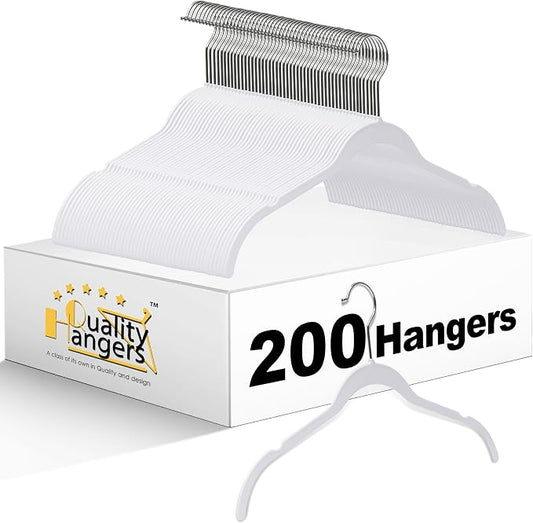Quality Hangers Clothes Hangers 200 Pack - Non-Velvet Plastic Hangers for Clothes -Heavy Duty Coat Hanger Set -Space-Saving Closet Hangers with Chrome Swivel Hook, Non-Flocked Hangers (200, White)