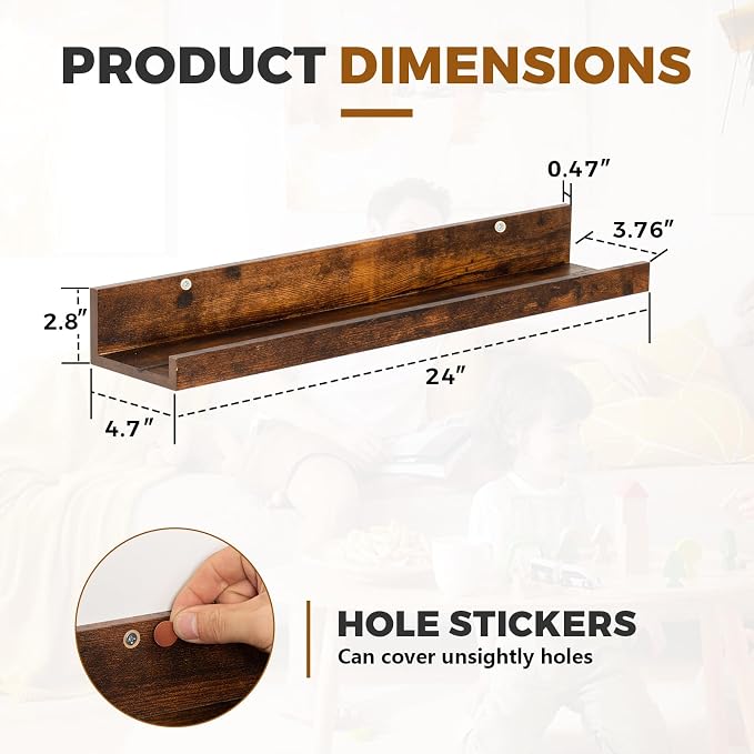 Muzilife 24" Wood Floating Shelves Wall Shelf with Lip, 2Pcs, Brown | FSC-Certified Wood | 20 lbs Capacity | Space-Saving | Hanging Shelf | Wall Decor| Bedroom,Living Room,Bathroom,Kitchen,Office