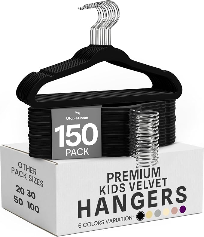 Utopia Home Kids Velvet Hanger 150 Pack – 11" Premium Baby Hangers - Black | Premium Non-Slip Baby Hangers for Baby and Toddlers, Durable Ultra-Slim Space-Saving Closet Organizers