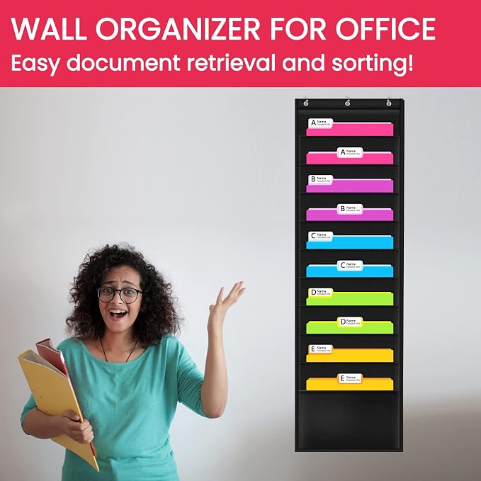 Premium Hanging File Folder Organizer, 10 Pockets, & 3 Hangers Cascading Wall Organizer，Perfect for Home Organization, School Pocket Chart, Office Bill Filing. Wall or Over Door Mount