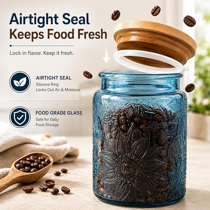 ANSQU Blue Glass Canister with Lid, 23.7 oz Vintage Embossed Glass Jar, Airtight Food Storage Container for Coffee Beans, Tea, Sugar, Candy, Cookies, Decorative Kitchen Pantry Organizer