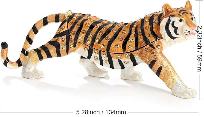 Hand Painted Animal Trinket Box for Home Decor, Hinged Jewelry Organizer Storage, Unique Personalized Collectible Keepsake Figurine Handmade Decorative Ornament Gifts (Tiger)