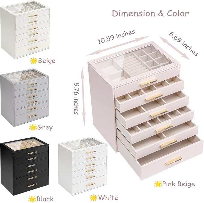 VLANDO 6-Drawer Jewelry Box with Glass Lid, Faux Leather Organizer for Rings Earrings Necklaces and More, Gift-Ready Jewelry Case for Women Girls or Moms, White