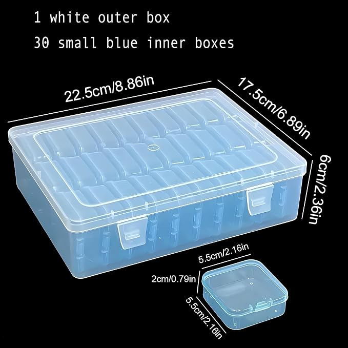 Bead Organizer Box-Blue Plastic Box 31 Pcs Storage Plastic Cases Mini Clear Bead Storage Containers Boxes with Hinged Lid and Rectangle Bracelet Making DIY Jewelry Craft Nail