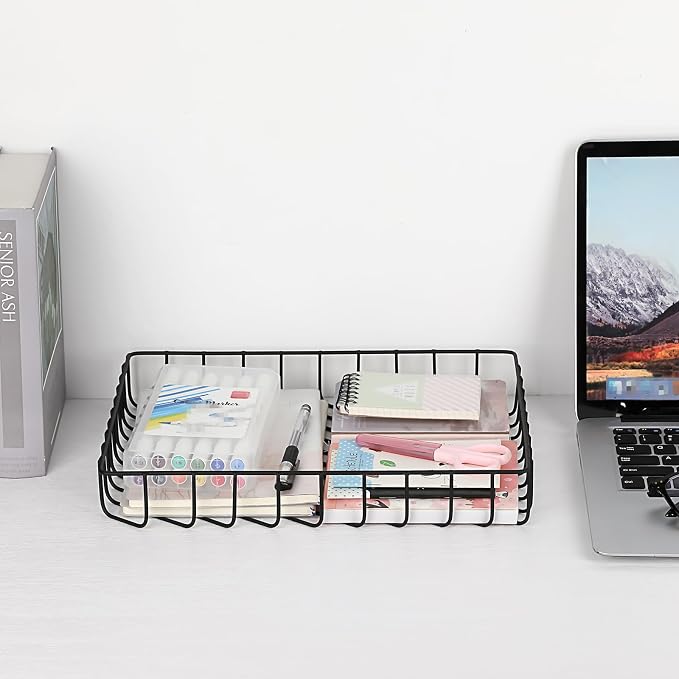 BTSKY Multipurpose A4 File Tray Wire Desk Organizer - Elegant Letter Size Documents Storage Basket for Office, Cosmetics, Bathroom (Black)