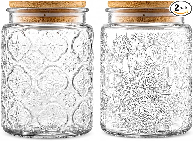ANSQU Vintage Glass Jars Set Canister Airtight Storage Jar Container with Bamboo Wooden Lids for Kitchen Counter, Pantry, Coffee, Tea, Sugar, Cute Jar, 2 Pack 23.7 FL OZ (Begonia & Sunflower)